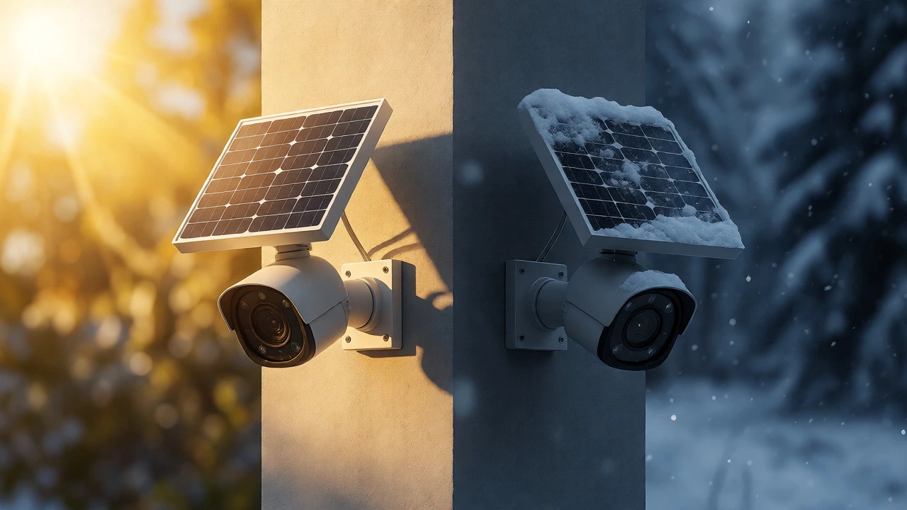 Split view of a solar-powered camera in sunny conditions versus snowy winter conditions.