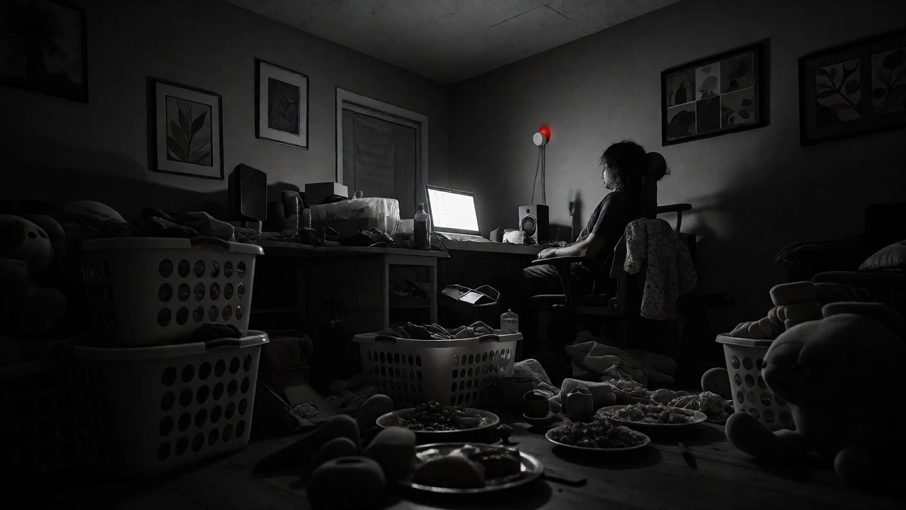 Tired remote worker in a cluttered living room at night