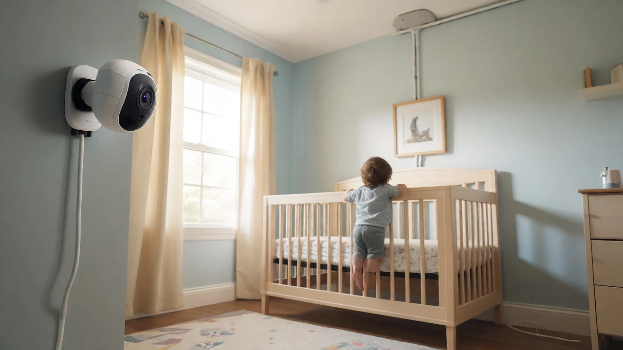 Wall-mounted baby monitor positioned safely away from crib