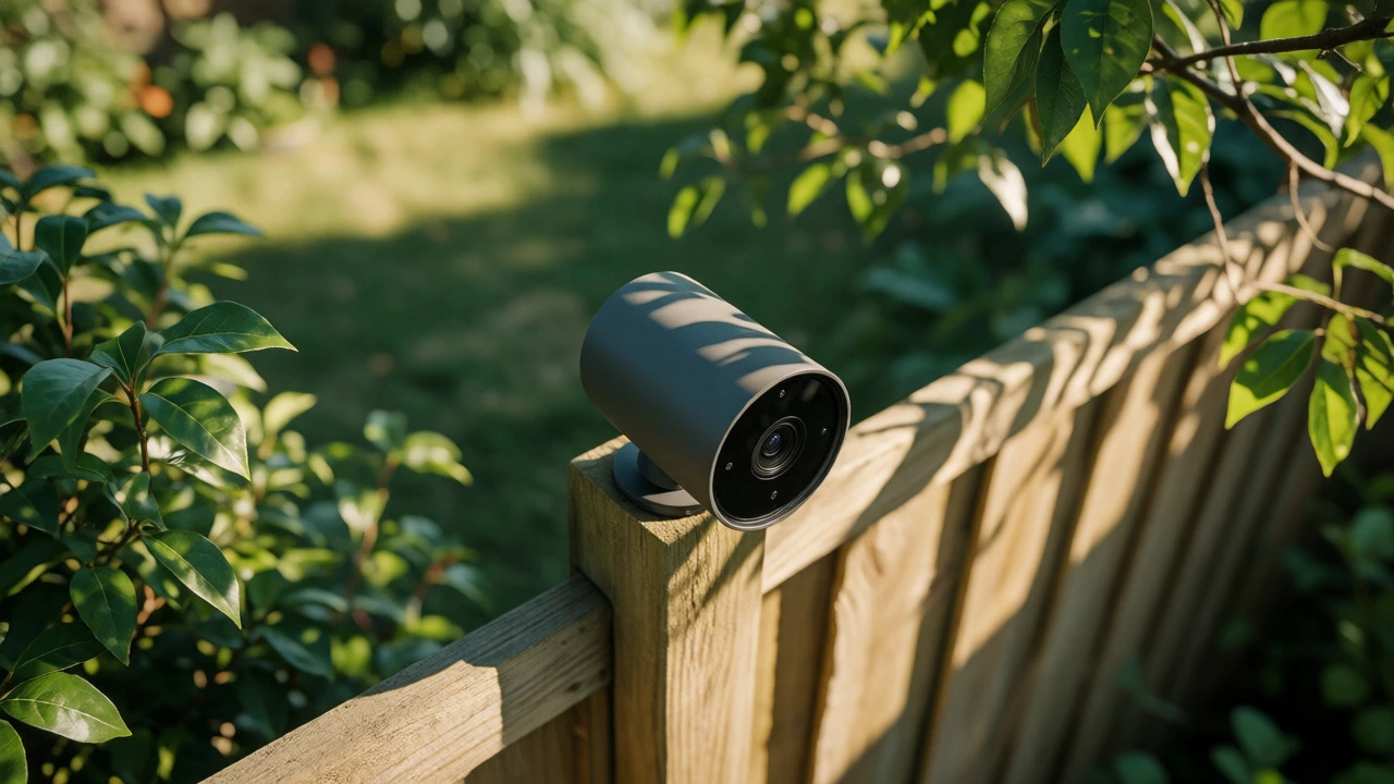Wireless battery-powered camera mounted on a garden fence post with no visible cables.